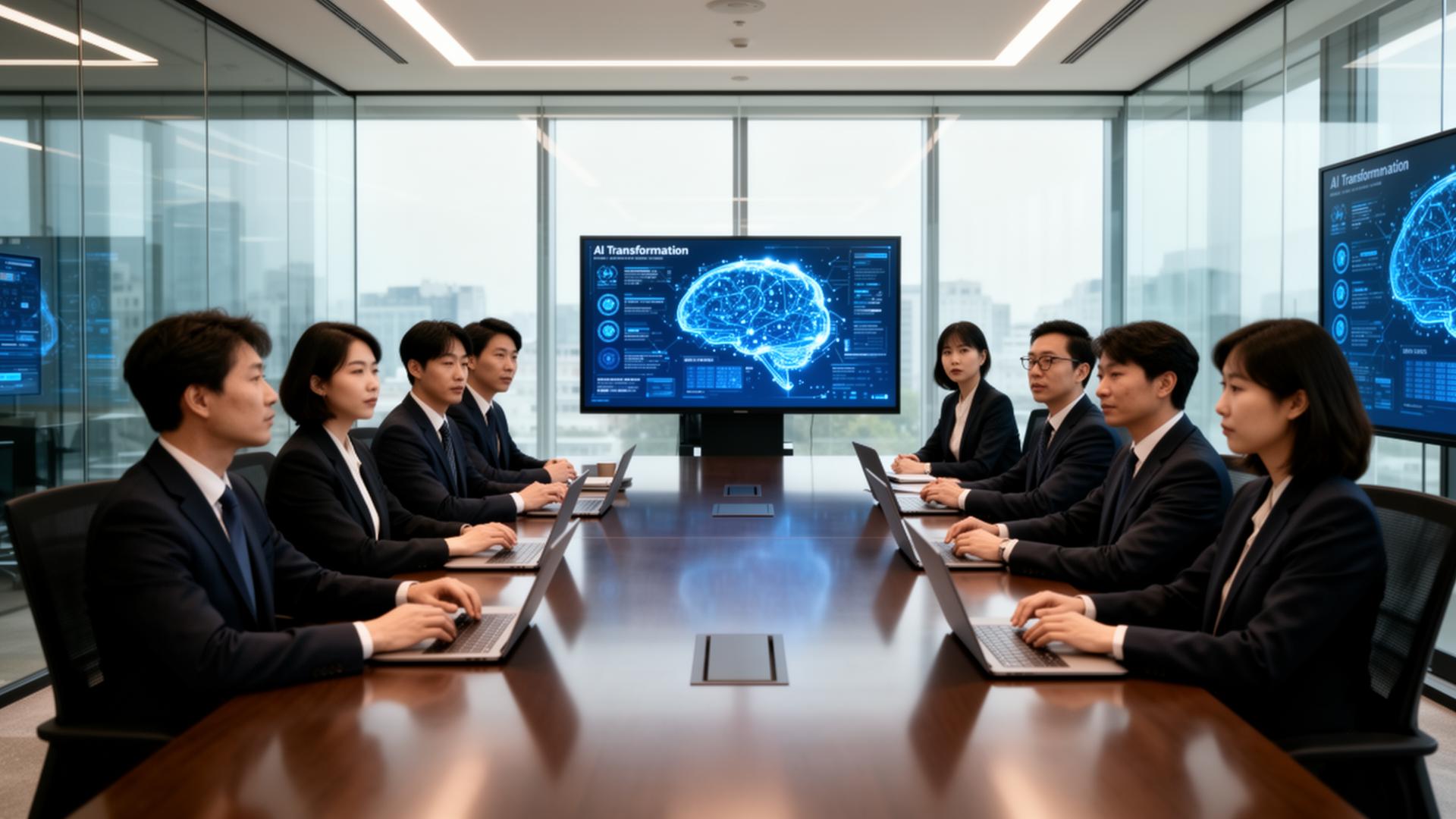 한국AX교육연구원 전문가들이 AI 전환 전략을 논의하는 회의 장면